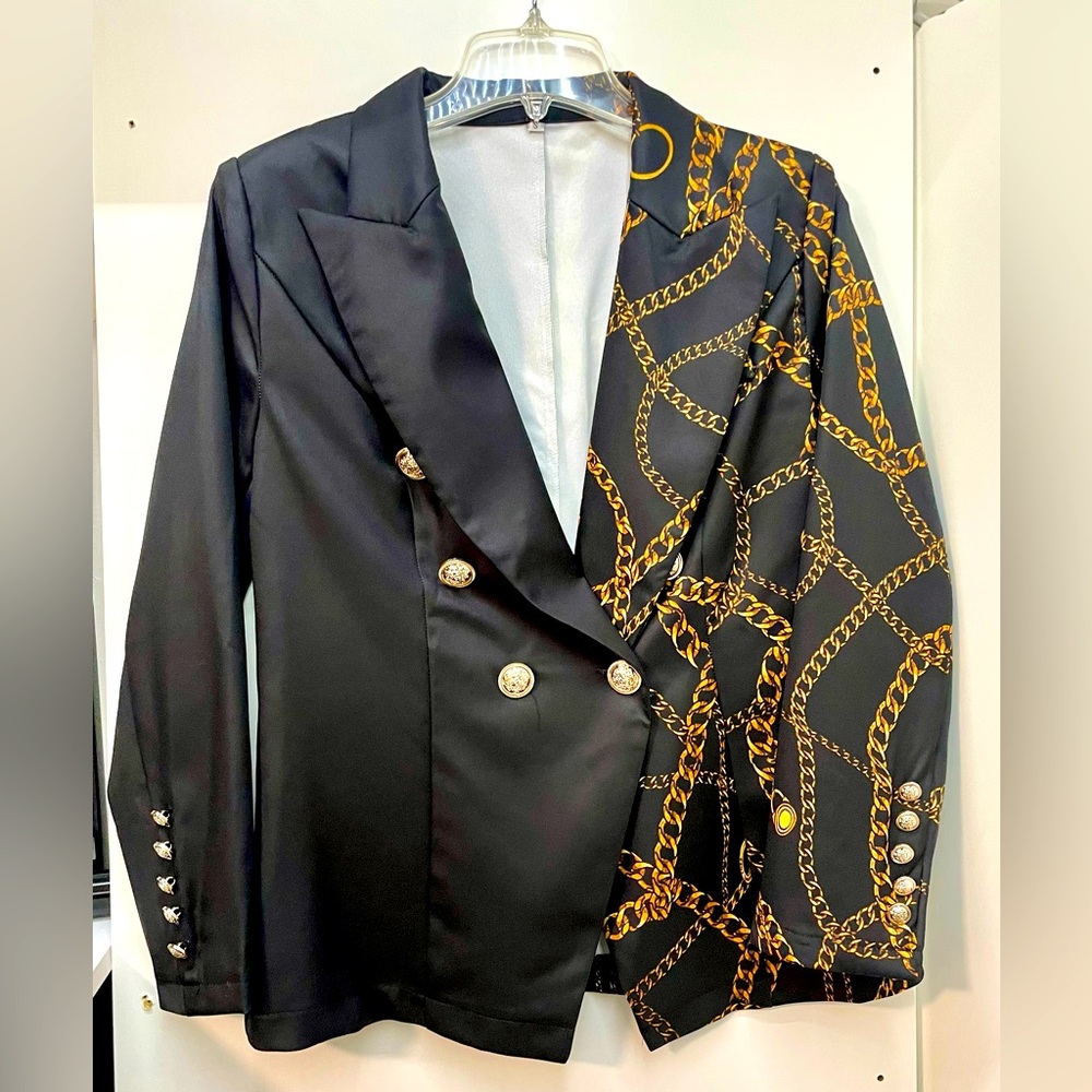 BRAND NEW Half & half Blazer! 1/2 solid black & 1/2 black w gold chain pattern.
